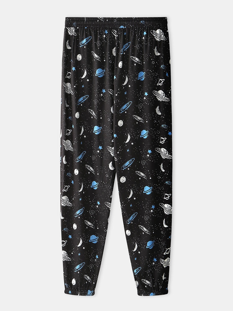 

Mens Design Galaxy Planet Print Pocket Elastic Waist Drawstring Sleepwear Black Home Jogger Pants