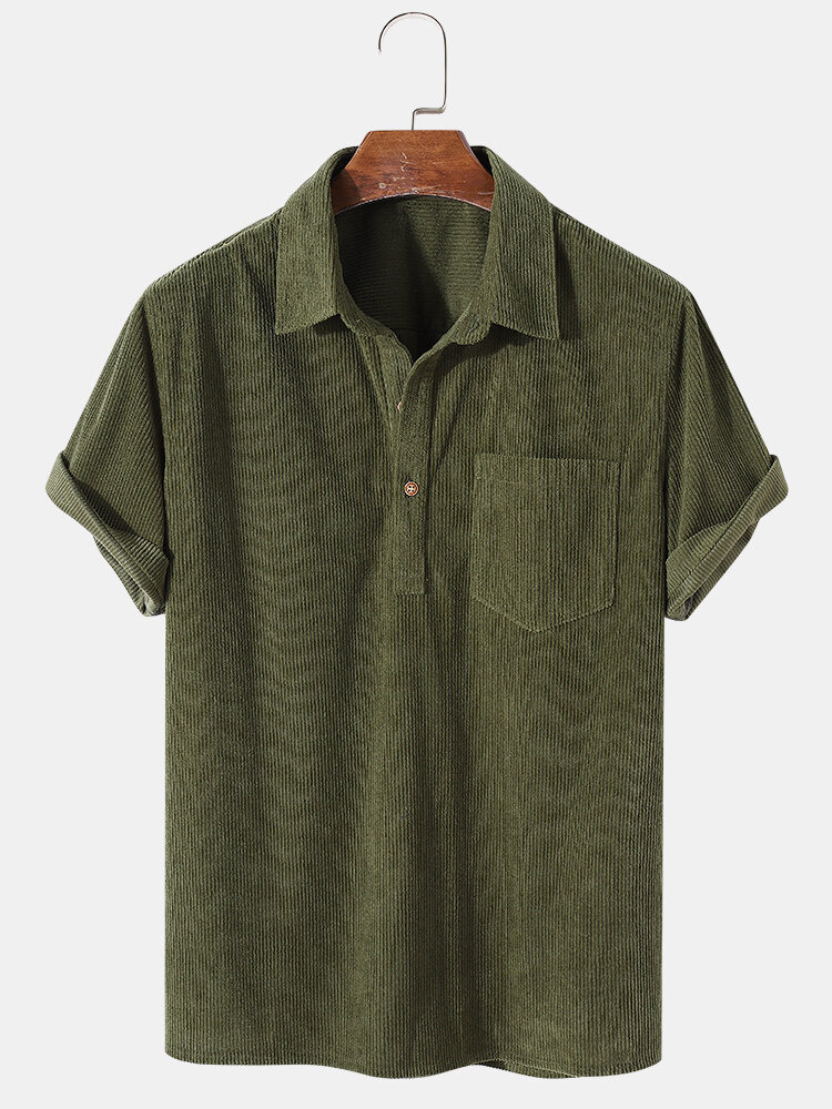 Heren Henley-overhemd met korte mouwen in effen kleur, corduroy revers