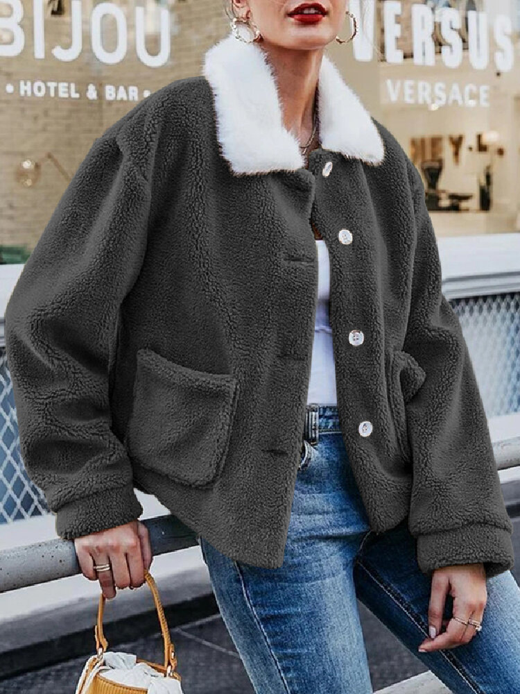 Women Solid Color Plush Borg Collar Warm Coat With Pocket