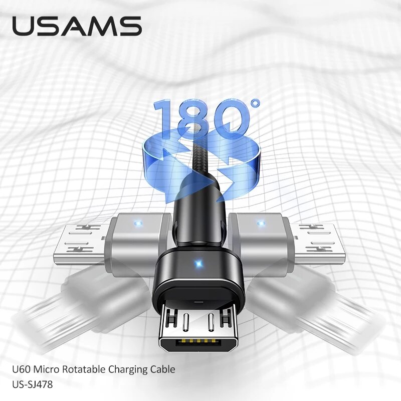 USAMS 180 Degree Rotate USB Type C / Micro USB 2.1A Fast Charging Braided Nylon Data Cable for iPhone12 Series for Samsung Galaxy S21 Note S20…