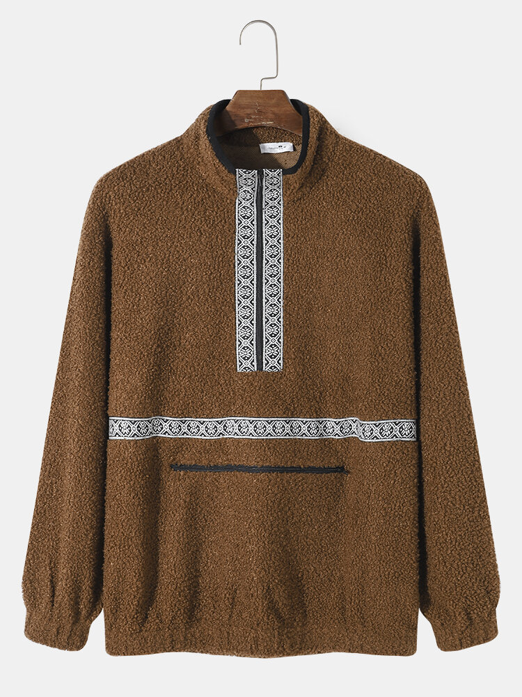 

Men Teddy Tribal Zip Pocket Half Zip Pattern Pullover Pullover Sweatshirt