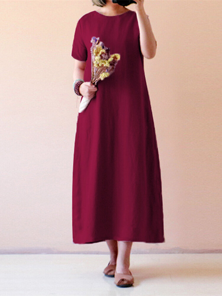 Celmia dames vintage katoenen losse maxi-jurk met korte mouwen