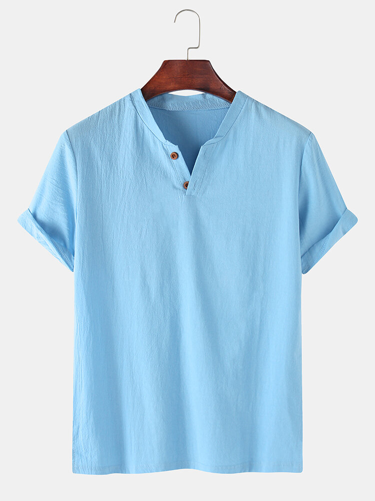 

Men 100% Cotton Solid Color Short Sleeve Casual Henley Shirts