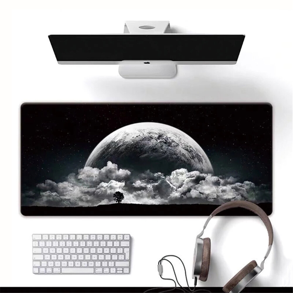 White Moon Stars Space Pattern Mouse Pad Black and White Gaming Computer Mouse Mat Lock Edge Design 
