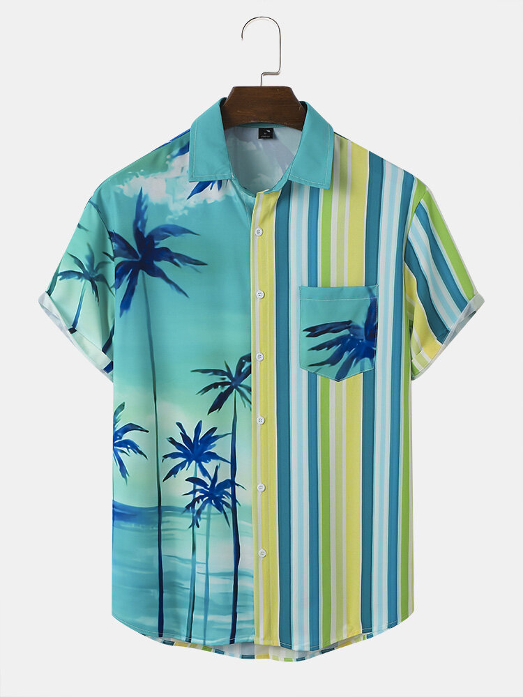 Men Coconut Tree & Striped Print Patchwork Chest Pocket Breathable Shirts