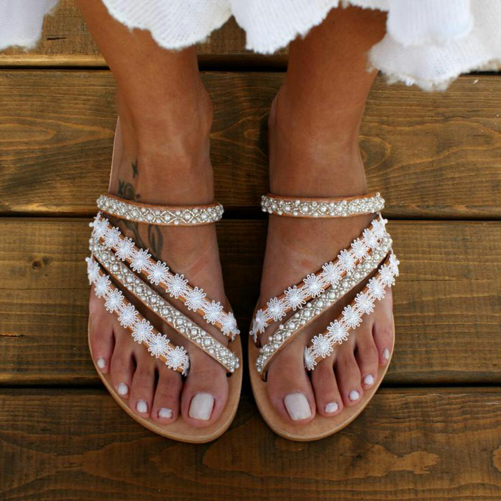 63% OFF on Women Bohemia Beading Slip On Casual Beach Summer Flat Sandals