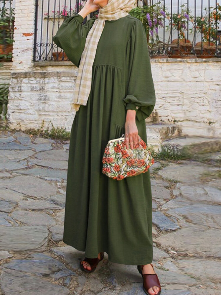 Femmes rétro solide manches bouffantes col évidé Abaya caftan robe maxi plissée