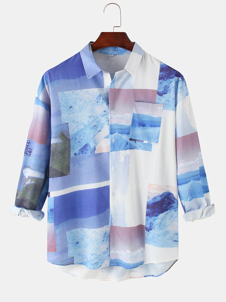 

Mens Allover Scenery Graphic Print Cotton Long Sleeve Shirts With Pocket