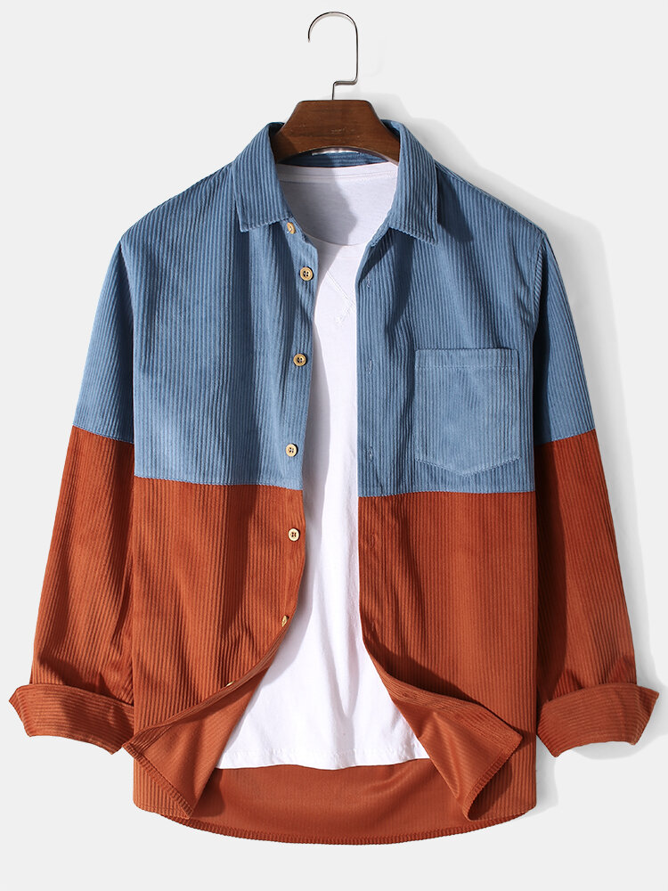 

Mens Corduroy Patchwork Solid Color Button Up Long Sleeve Cargo Shirts