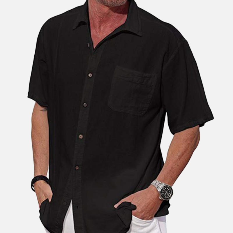 men solid color single pocket linen revere shirts at Banggood