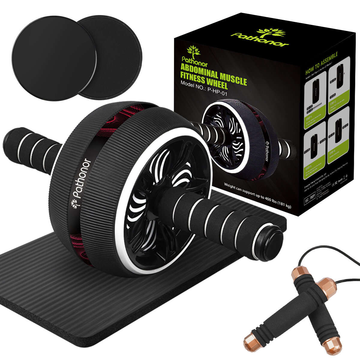 

Ab Roller Wheel Set Core Strength Training Abdominal Exercise with Knee Pad Jump Rope Gym Home