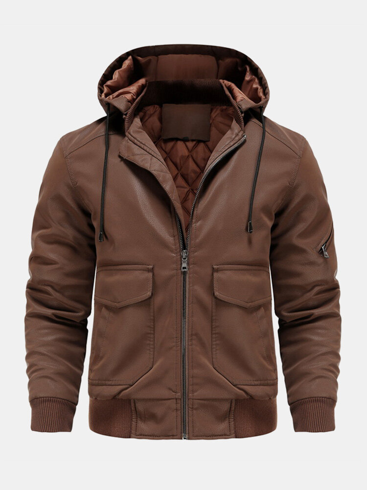 Men Solid Color Zipper Multi Pockets Hooded Thick Warm Casual Coats