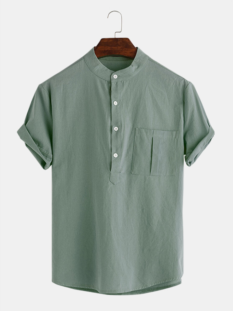 Heren katoen effen kleur borstzak katoenen casual Henley-shirts