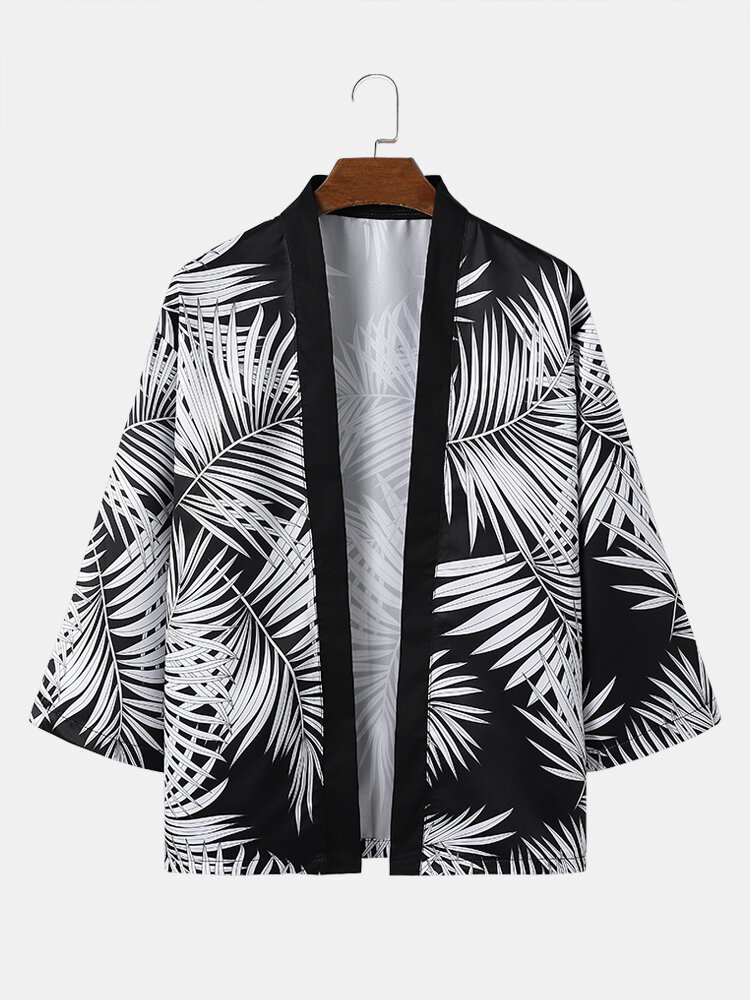 Men Kimono Allover Graphic Leaf Print Front Open Casual Coats