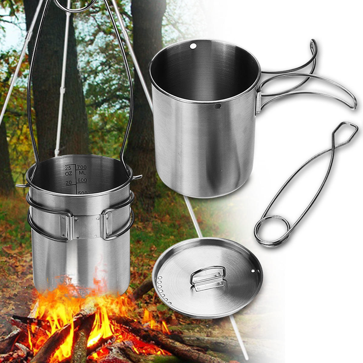 750 ml Przenośny odkryty Camping Water Cup Kubek wodny Picnic Food Pot z składanym uchwytem Hook