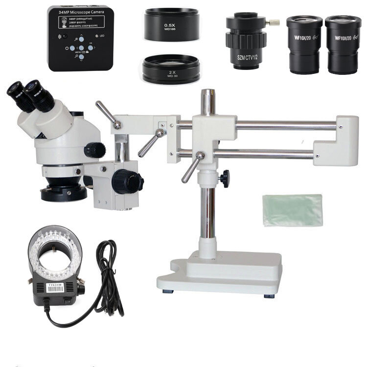 

3.5X 7X 45X 90X Double Boom Stand Zoom Simul Focal Trinocular Stereo Microscope+34MP Camera Microscope For Industrial PC