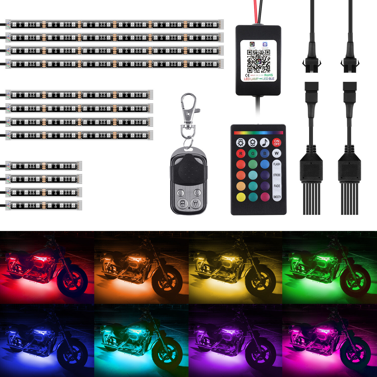 AMBOTHER 12Pcs Motorcycle LED Light Kit Strips RGB Waterproof with APP IR RF Wireless Remote Control