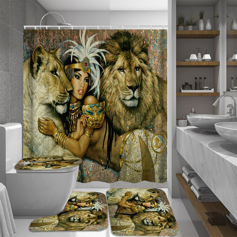 Afrikaanse Vrouw Egypte Koningin en Leeuw Waterdichte Badkamer Set Douchegordijn Badmatten Vloer Deu