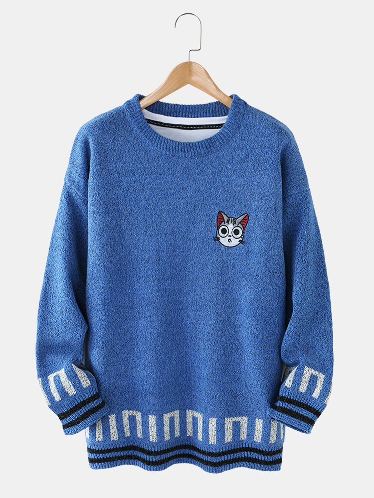 Mens Cute Cat Graphics Knitted Long Sleeve Warm Drop Shoulder Pullover Sweaters