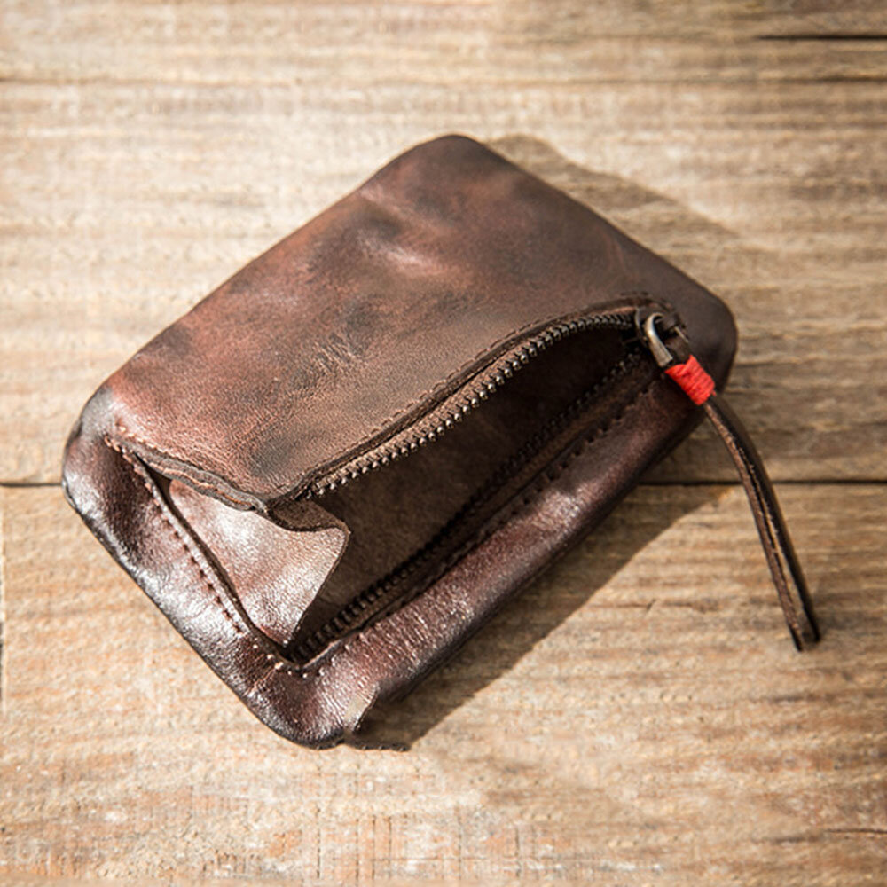 

Ekphero Men Genuine Leather Vintage Hand-painted Ultra-thin Zipper Hand-carry Storage Bag Coin Bag Wallet
