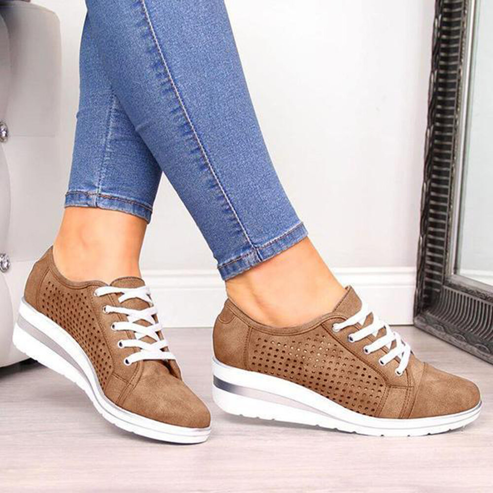 67% OFF on Large Size Women Casual Solid Color Round Toe Lace Up Wedges Loafers
