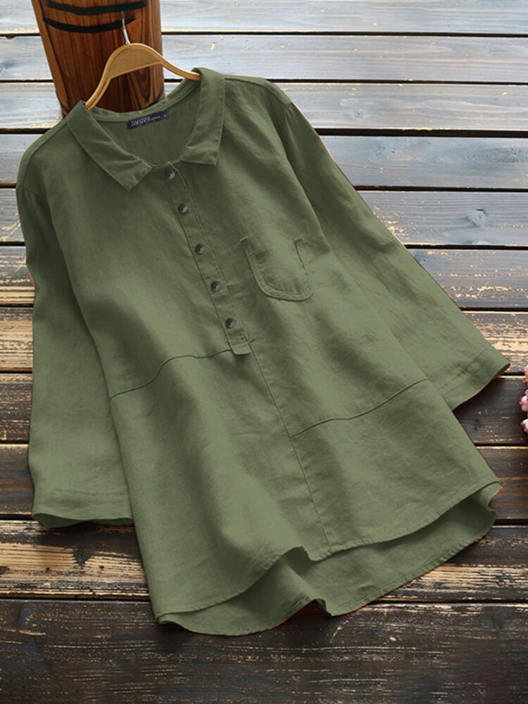 Women Cotton Solid Color High-Low?Hem 3/4 Sleeve Button Casual Blouse