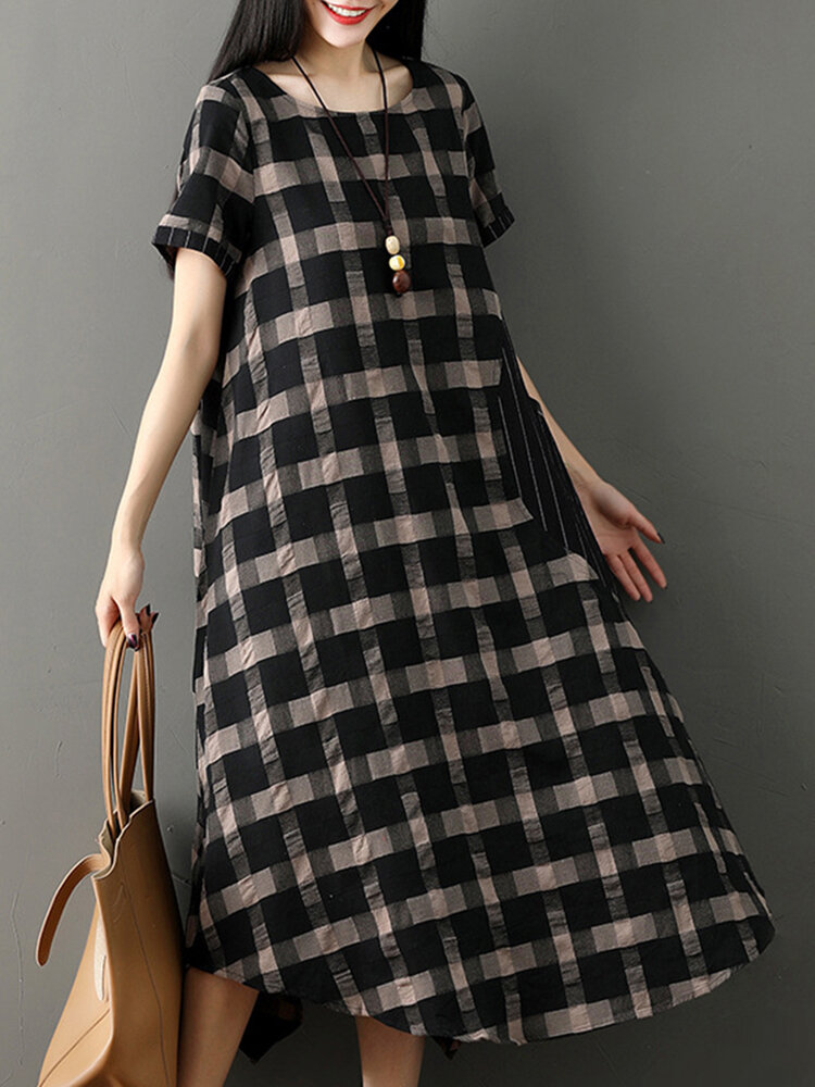 Short Sleeve Plaid Stripe Patchwork Irregular Hem Dress