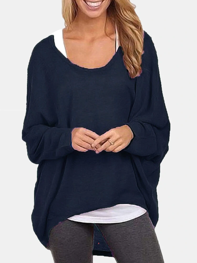 Womens bat sleeve round neck loose solid color pullover plus size casual shirt t-shirt