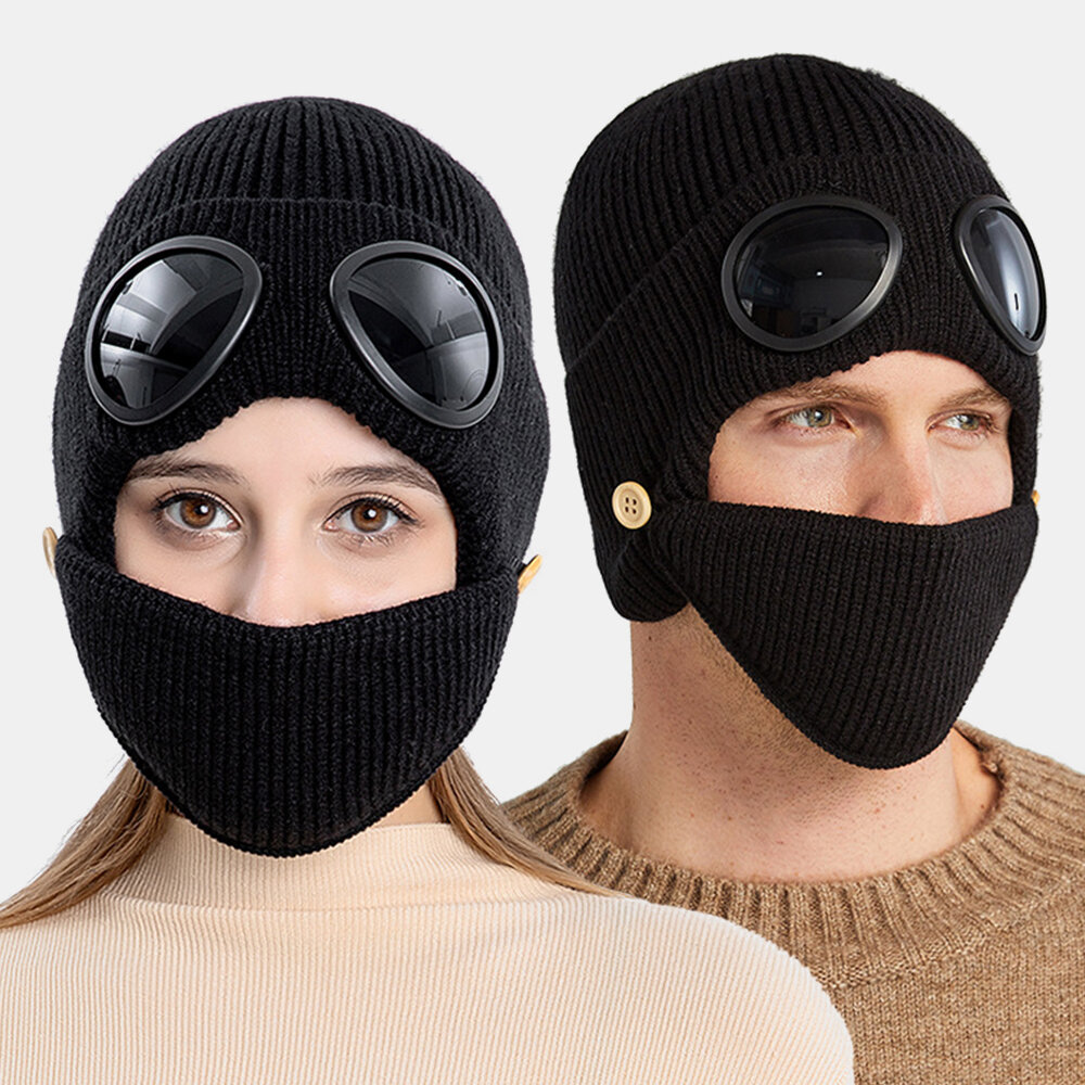 Unisex Plus Velvet Thick Warm Neck Face Ear Protection Headgear Knitted Hat Mask Pilot Glasses