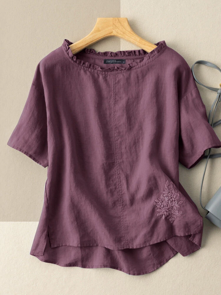 Embroidered lettuce-edge split short sleeve casual cotton blouse