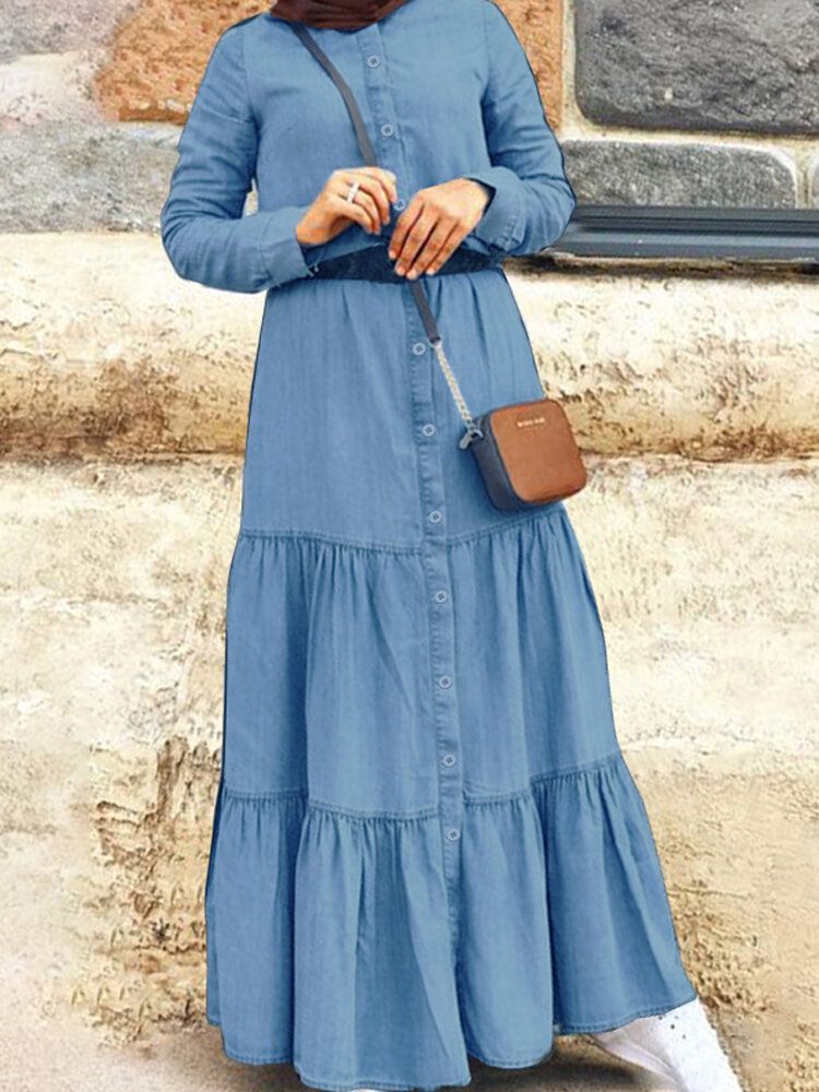 Women Retro Solid Color Pleated Button Up Stand Collar Casual Maxi Dress