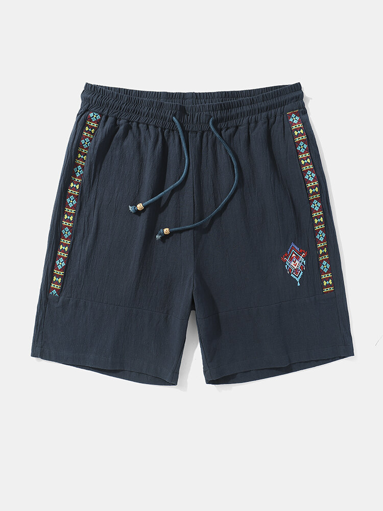 Mens Ethnic Geometric Pattern Embroidered Cotton Loose Drawstring Shorts