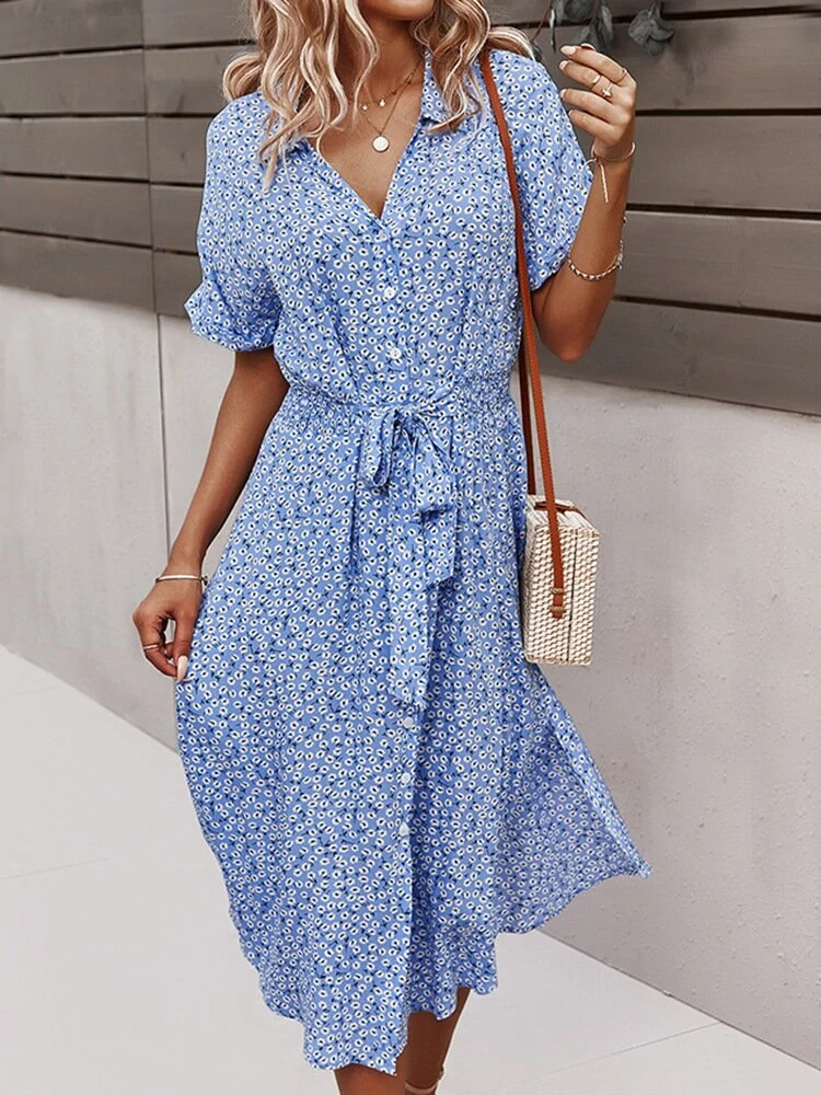 Floral print lapel button knotted short sleeve dress for women