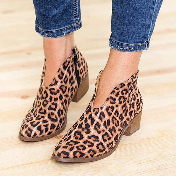 Leopard Grain Chunky Heel Zipper Ankle Short Boots