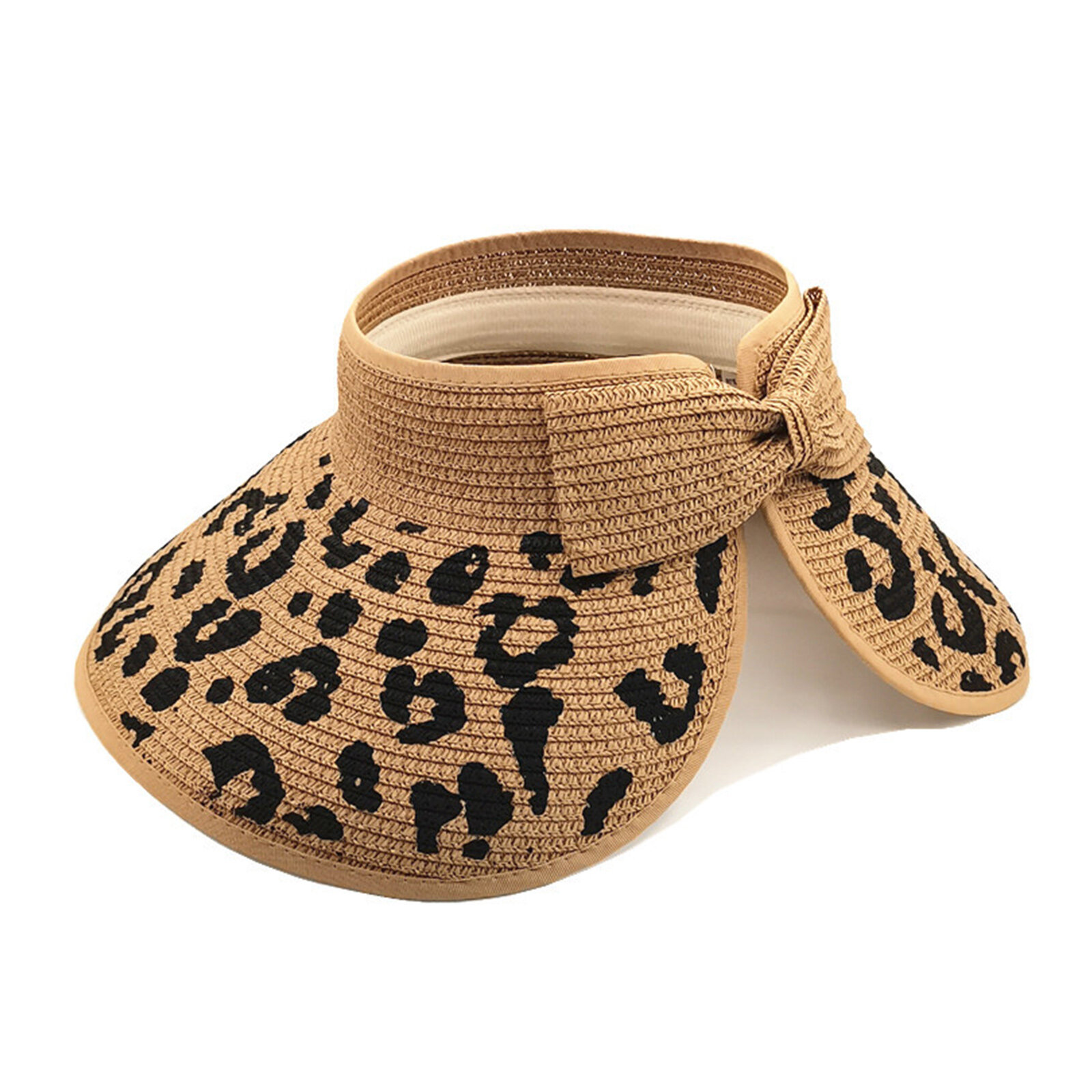 JASSY Ladies Straw Bow Leopard Print Straw Hat Vacation Travel Sunscreen Sunhat