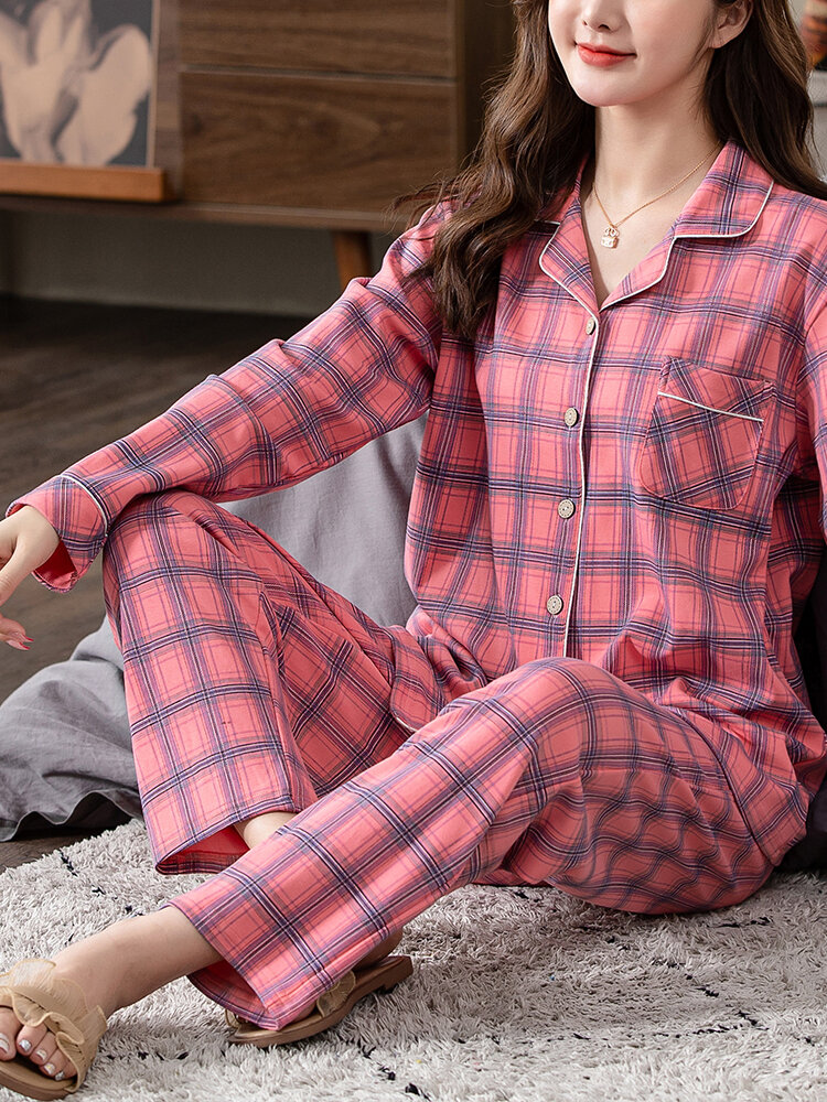 Dames Plaid Print Revere Kraag Borstzak Shirt Elastische taille Broek Tweedelige pyjama set