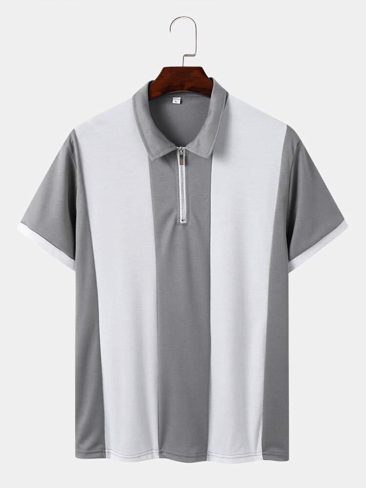 Men Contrast Colorblock Brief Front Zipper Soft Short Sleeve Polos Shirts