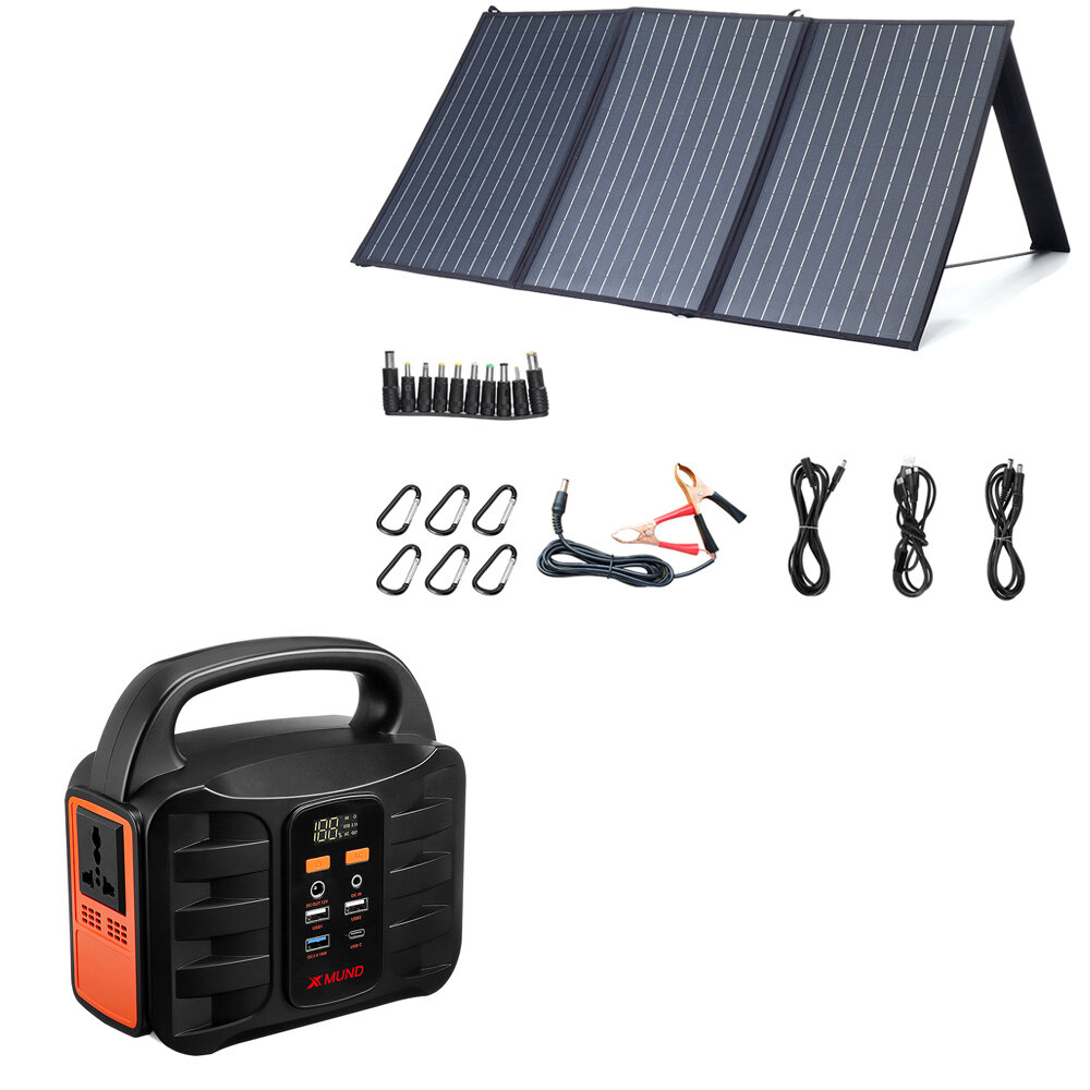 Conjunto de fonte de energia de emergência XMUND 155WH (14Ah / 11,1V) com painel solar de 100W 18V para viagens de acampamento ao ar livre