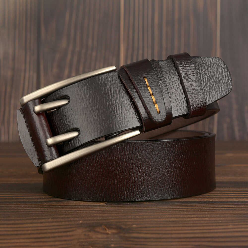 Men Second Layer Cowhide Solid Color Alloy Double Pin Buckle Casual Business Belt
