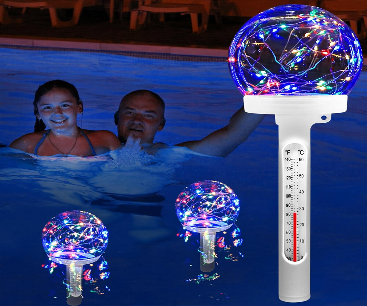 

Solar Powered Floating Pool Thermometer Easy to Read Night Display Waterproof High Accuracy LED Colored Light for Perfec