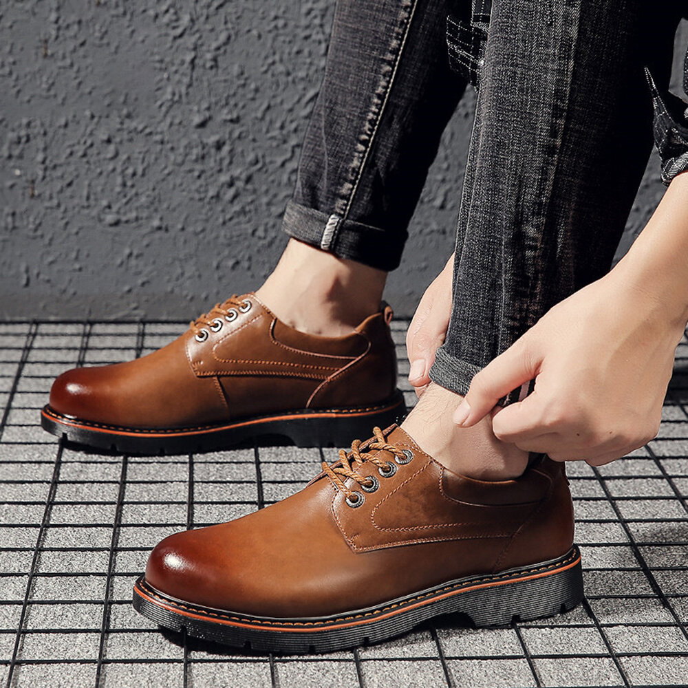 Men Two-layer Cowhide Slip Resistant Comfy Lace-up Business Shoes