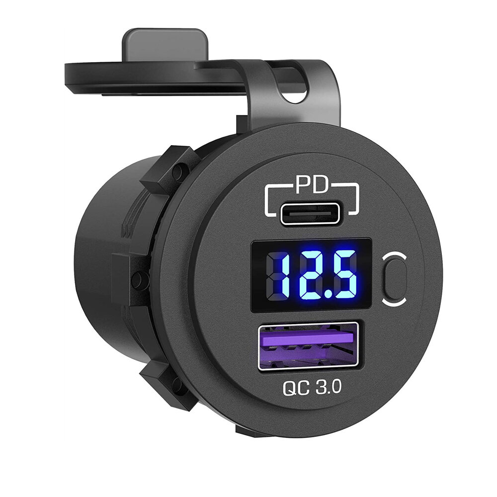 12-24V 48W Dual USB Car Charger Socket PD3.0&QC3.0 with LED Voltmeter ON/Off Switch Fast Charge Bus Trailer Boats
