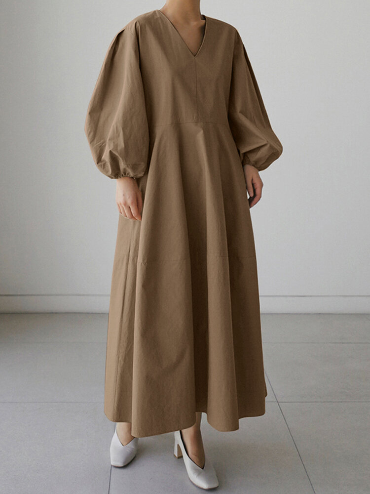 Women Solid V-neck Puff Sleeve Loose Plain Casual Maxi Dress With Pocket