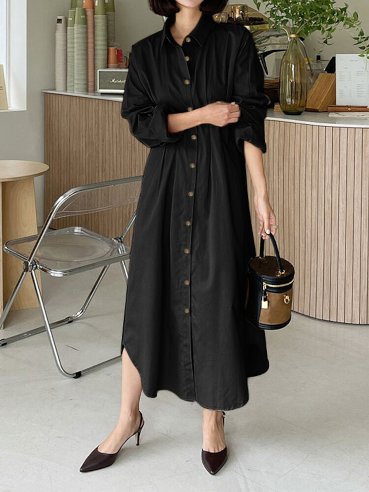Women Shirt Collared Spliced Buttons Pleated Solid Casual Midi Dresses