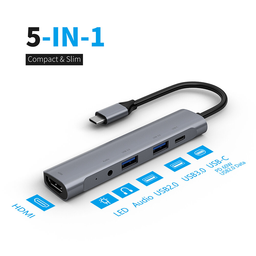 

Bakeey 5-in-1 USB Type-C Docking Station HUB Adapter With USB-C PD 60W Power Delivery / USB3.0 / USB2.0 / 3.5mm Audio Ja