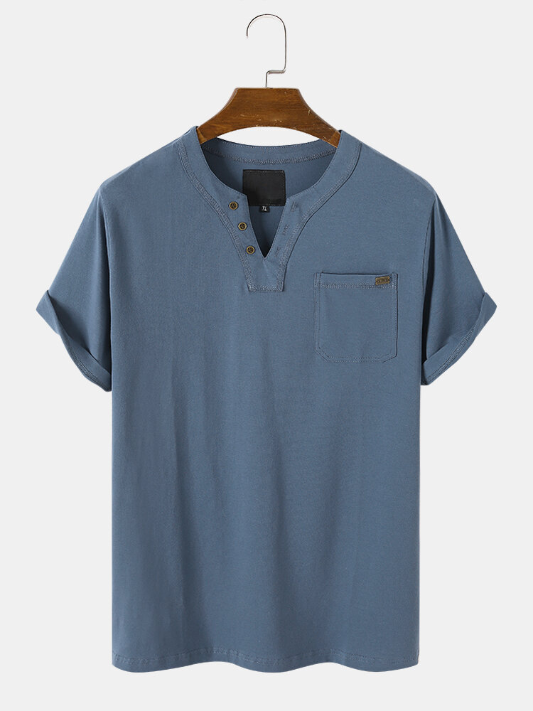 Men Cotton Henley Collar Solid Chest Pocket Short Sleeve Regular Fit Soft T-Shirts
