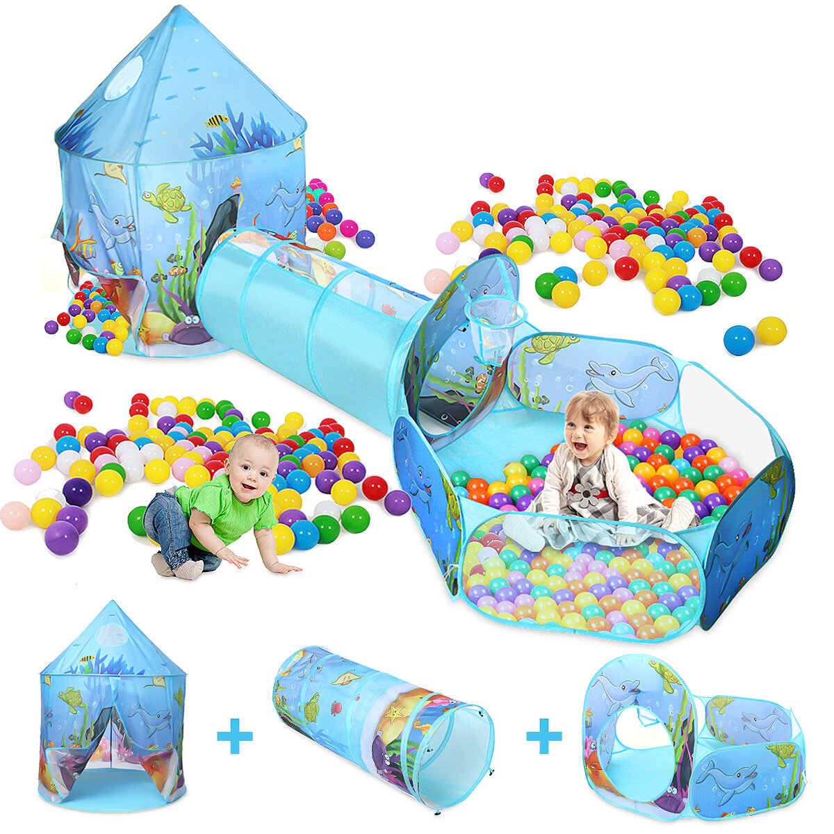 3-in-1 Kids Play Tent Portable Castle Playhouse Play Tunnels Ball Pit Children Game House Gift