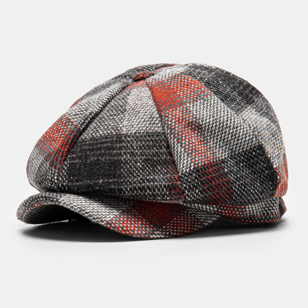 Men Cotton Lattice Pattern Octagonal Hat British Style Outdoor Windproof Warm Flat Cap