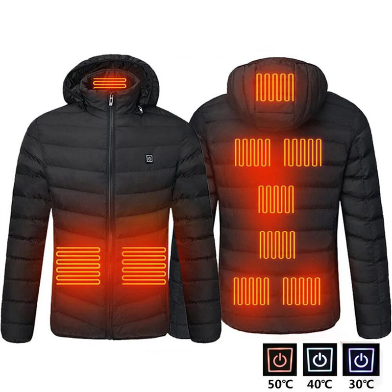 Veste chauffante TENGOO HJ-09A pour hommes avec 9 zones, veste thermique sportive d'hiver à chauffage électrique USB, manteau en coton chauffant chaud pour activités extérieures