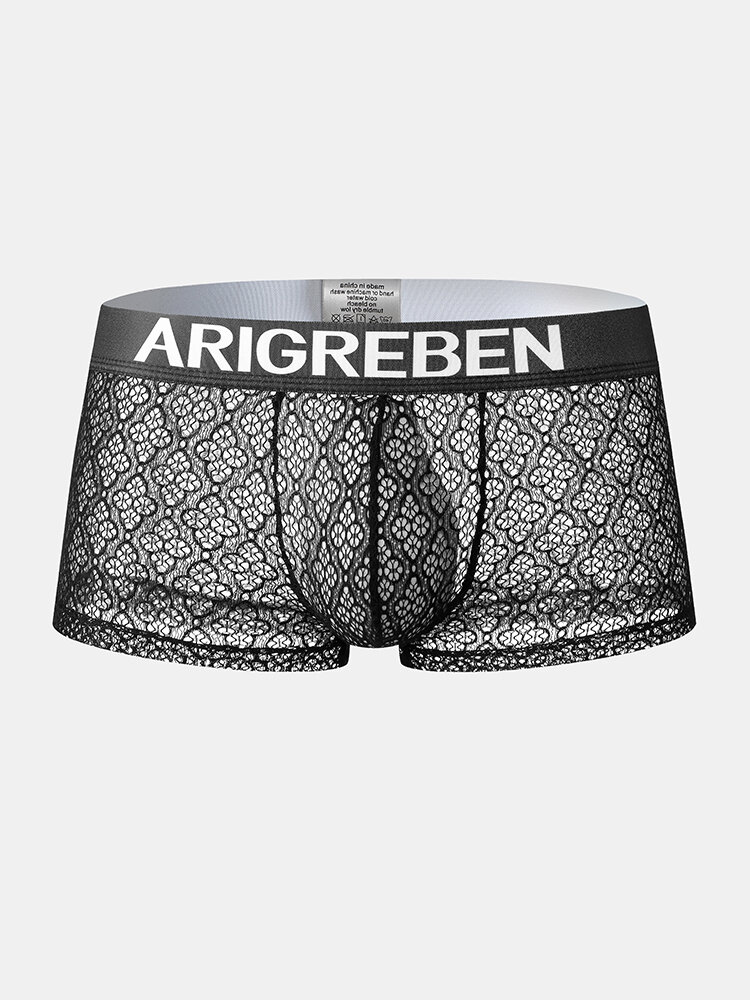 Mens Lace Mesh See Through Breathable Letter Waistband Boxers Underwear